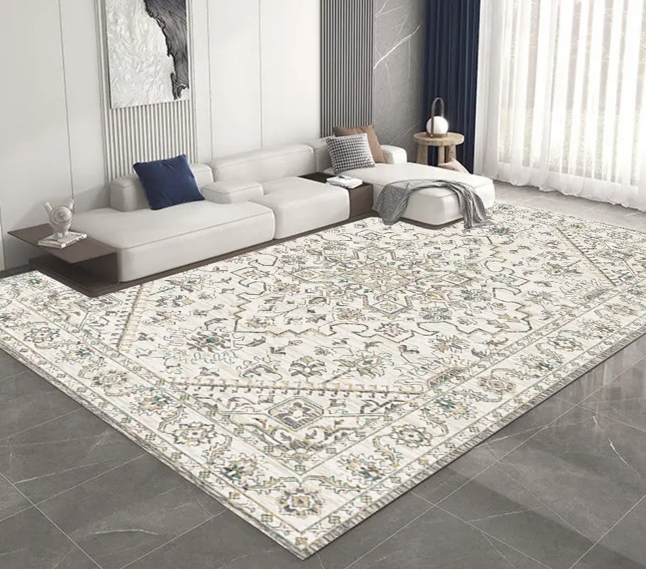 Vintage Off White-Cream-Aqua-Beige Floral Rug