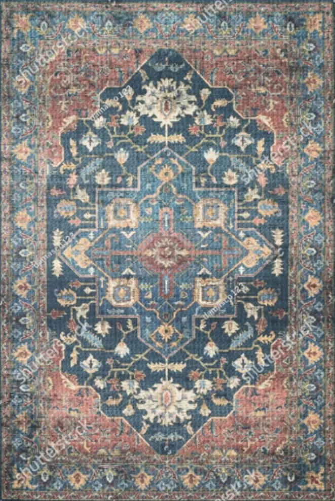 Vintage Blue and Rust Rug Persian Style Area Carpet