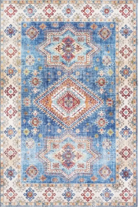 Traditional Diamond Blue and Multicolor Tribal Rug Bohemian Carpet