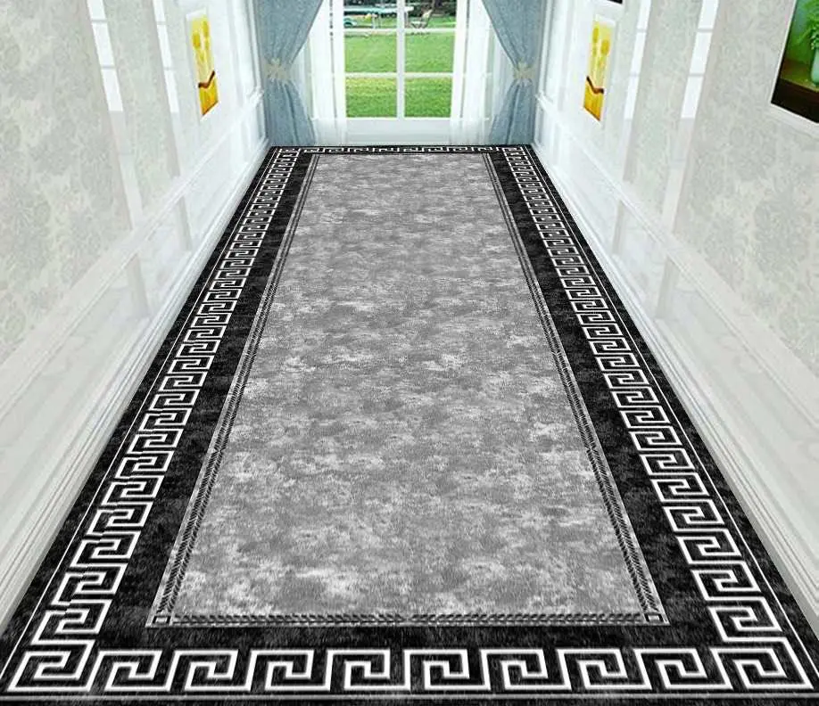 Modern Hellenic Runner Silver Athens Corridor Rug Black-Gray Hallway Carpet