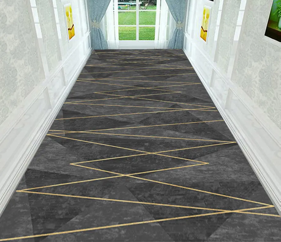 Golden Wave Gray-Gold Line Hallway Rug Dark Grey Zigzag Runner Carpet