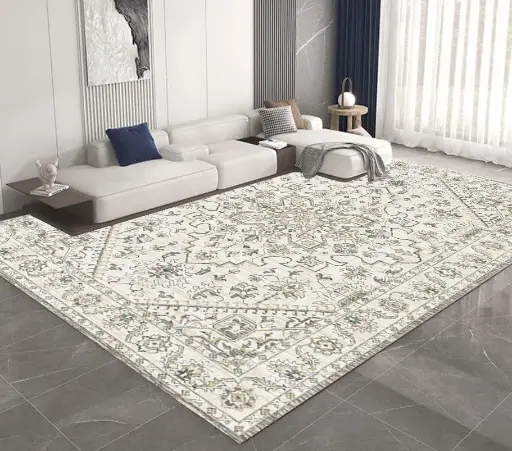 Vintage Off White-Cream-Aqua-Beige Floral Rug